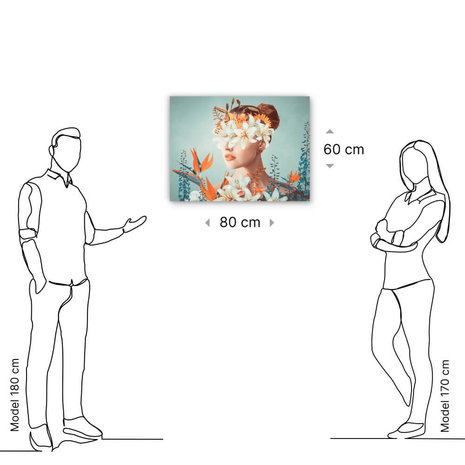 Schilderij Abstract hedendaags kunstcollage portret van vrouw met bloemen | 80 x 60 cm glasschilderij Schilderij Abstract hedendaags kunstcollage portret van vrouw met bloemen | 80 x 60 cm glasschilderij