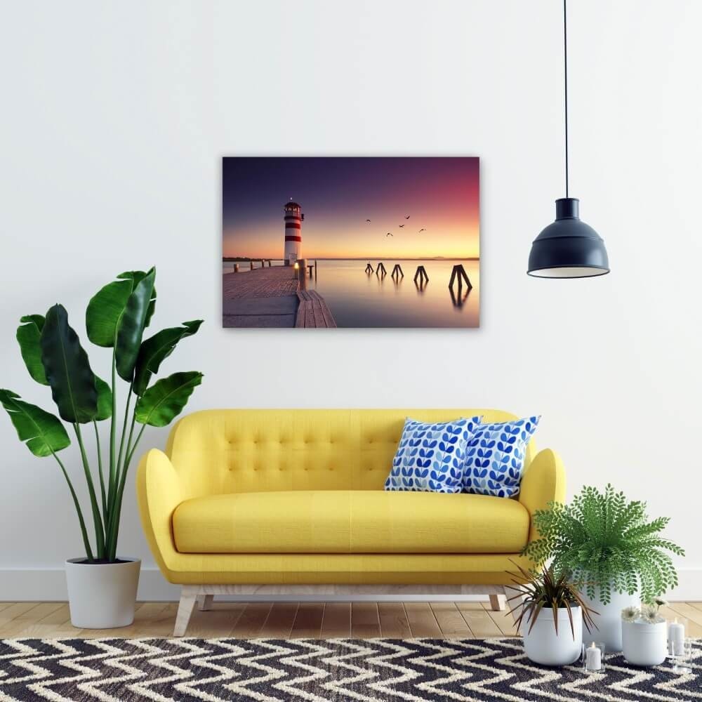 Schilderij Zonsondergang bij de vuurtoren | 90 x 60 cm glasschilderij Schilderij Zonsondergang bij de vuurtoren | 90 x 60 cm glasschilderij