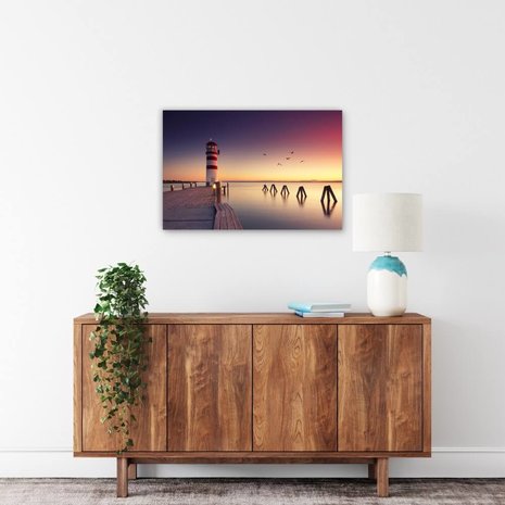 Schilderij Zonsondergang bij de vuurtoren | 90 x 60 cm glasschilderij Schilderij Zonsondergang bij de vuurtoren | 90 x 60 cm glasschilderij