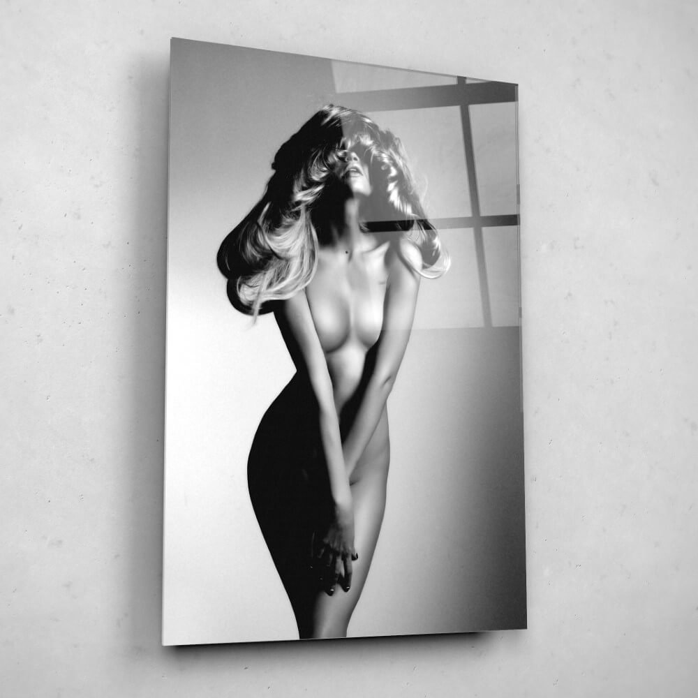 Schilderij Portret van naakte mooie vrouw in zwart-wit | 40 x 60 cm glasschilderij Schilderij Portret van naakte mooie vrouw in zwart-wit | 40 x 60 cm glasschilderij