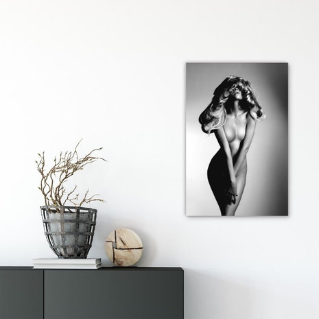 Schilderij Portret van naakte mooie vrouw in zwart-wit | 40 x 60 cm glasschilderij Schilderij Portret van naakte mooie vrouw in zwart-wit | 40 x 60 cm glasschilderij