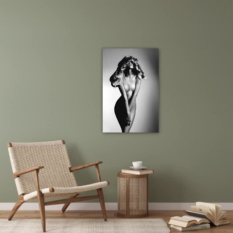 Schilderij Portret van naakte mooie vrouw in zwart-wit | 40 x 60 cm glasschilderij Schilderij Portret van naakte mooie vrouw in zwart-wit | 40 x 60 cm glasschilderij