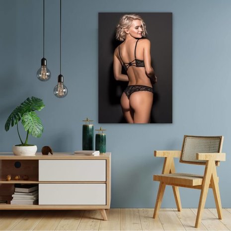 Schilderij Sensuele vrouw in kantlingerie | 60 x 90 cm glasschilderij Schilderij Sensuele vrouw in kantlingerie | 60 x 90 cm glasschilderij