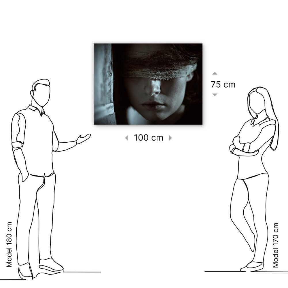 Schilderij Close-up van geblinddoekte vrouw | 100 x 75 cm glasschilderij Schilderij Close-up van geblinddoekte vrouw | 100 x 75 cm glasschilderij