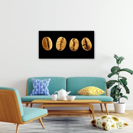 Schilderij Gouden koffiebonen | 100 x 50 cm glasschilderij Schilderij Gouden koffiebonen | 100 x 50 cm glasschilderij
