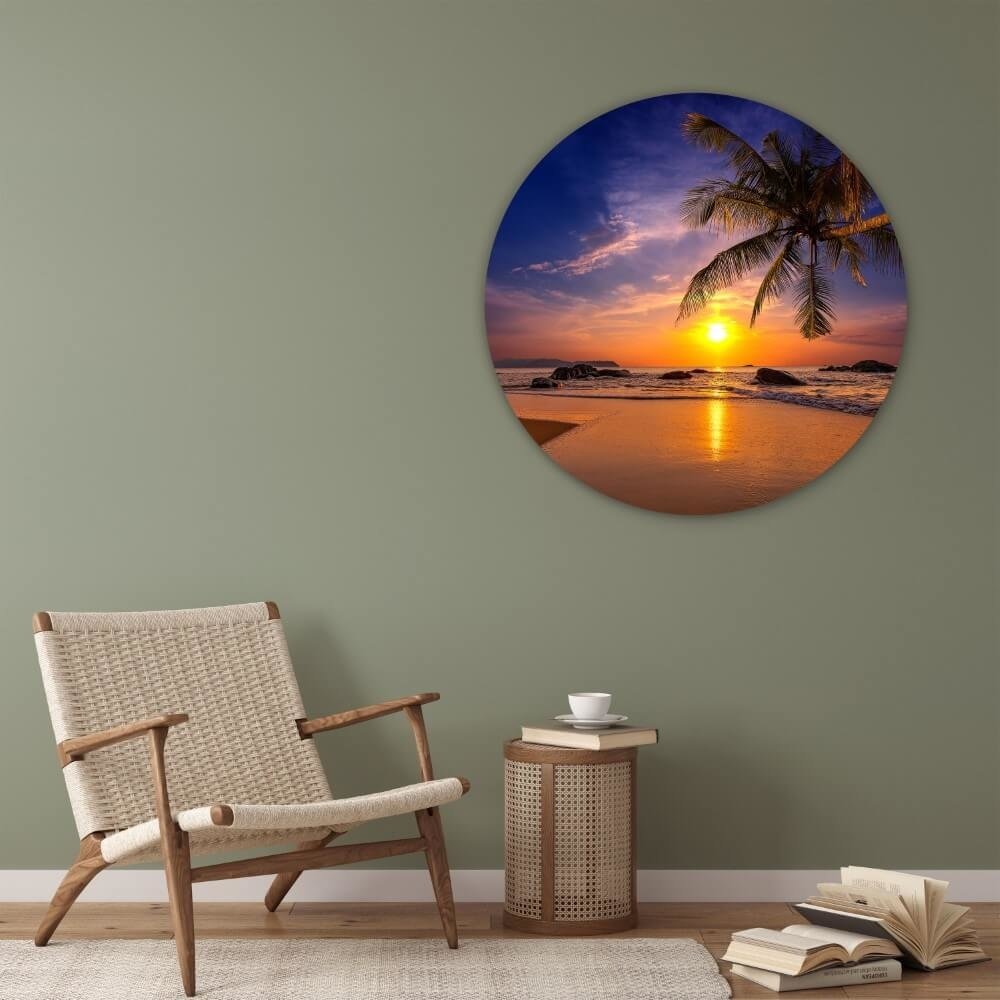 Schilderij Zonsondergang over de zee in Thailand | Rond 90 cm glasschilderij Schilderij Zonsondergang over de zee in Thailand | Rond 90 cm glasschilderij