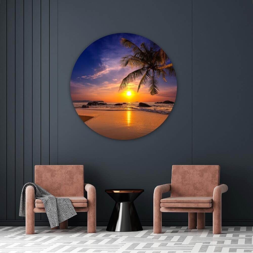 Schilderij Zonsondergang over de zee in Thailand | Rond 90 cm glasschilderij Schilderij Zonsondergang over de zee in Thailand | Rond 90 cm glasschilderij