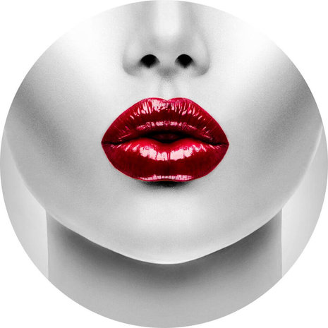 Schilderij Close-up gezicht met sexy rode Lippen | Rond 60 cm glasschilderij Schilderij Close-up gezicht met sexy rode Lippen | Rond 60 cm glasschilderij