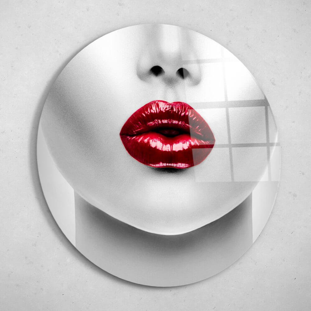 Schilderij Close-up gezicht met sexy rode Lippen | Rond 60 cm glasschilderij Schilderij Close-up gezicht met sexy rode Lippen | Rond 60 cm glasschilderij