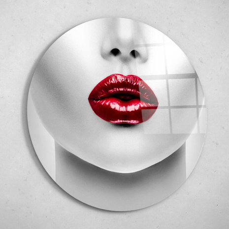 Schilderij Close-up gezicht met sexy rode Lippen | Rond 60 cm glasschilderij Schilderij Close-up gezicht met sexy rode Lippen | Rond 60 cm glasschilderij