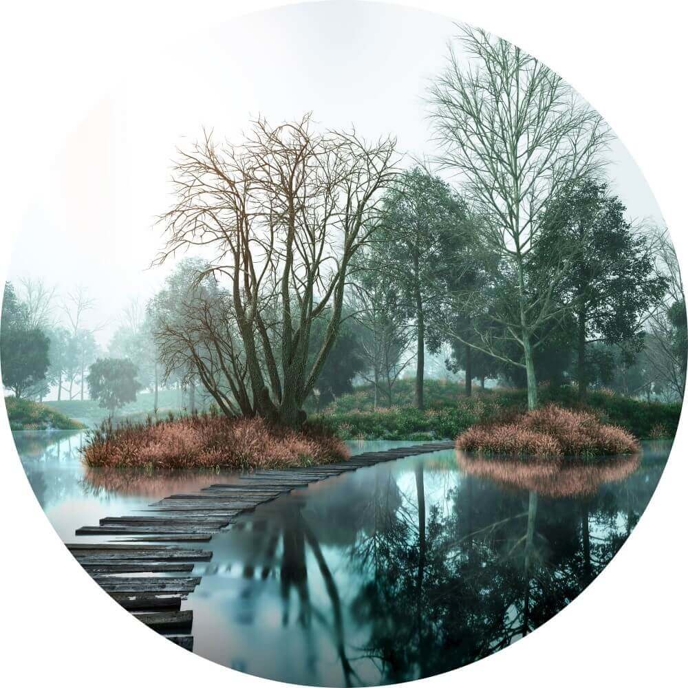 Ronde wanddecoratie Herfst vintage landschap met oude bomen bij een meer Ronde wanddecoratie Herfst vintage landschap met oude bomen bij een meer