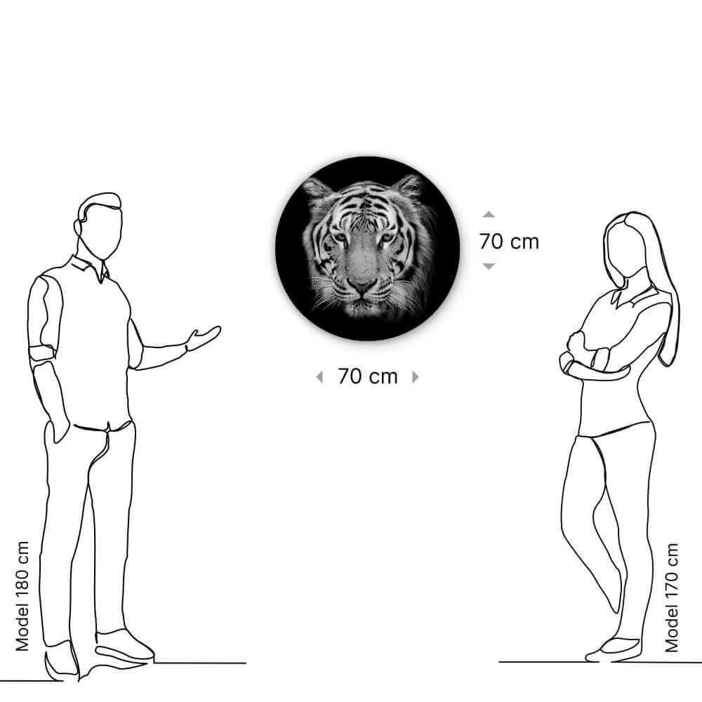 Schilderij Prachtige close-up van tijger in zwart-wit | Rond 70 cm glasschilderij Schilderij Prachtige close-up van tijger in zwart-wit | Rond 70 cm glasschilderij