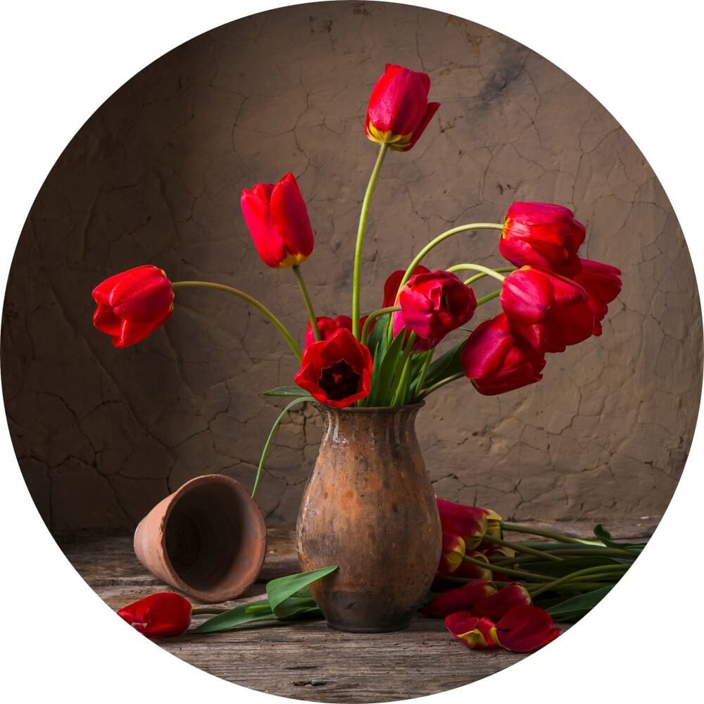 Muurcirkel Stilleven met rode tulpen Muurcirkel Stilleven met rode tulpen