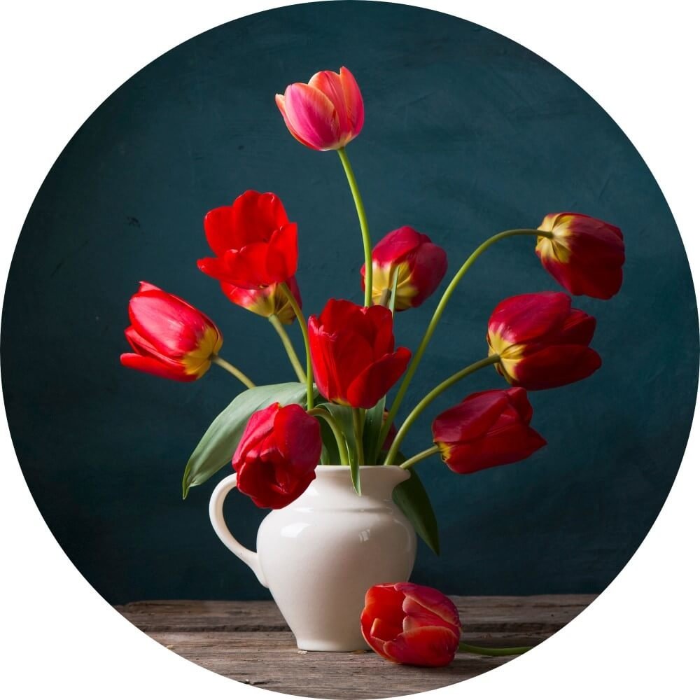 pen grafiek zijn Stilleven met tulpen in een vaas • Rond 50 cm • Glazenschilderijen.nl