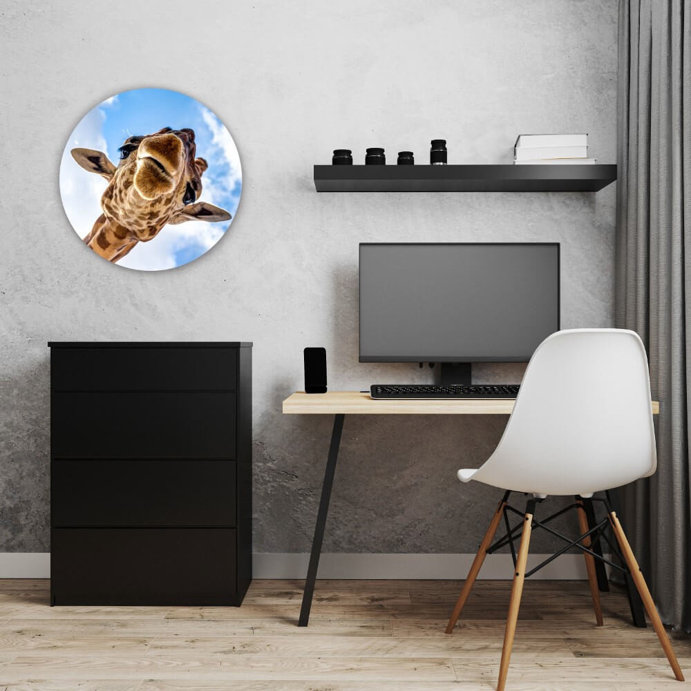 Schilderij Indrukwekkende close-up van een giraffe | Rond 50 cm glasschilderij Schilderij Indrukwekkende close-up van een giraffe | Rond 50 cm glasschilderij