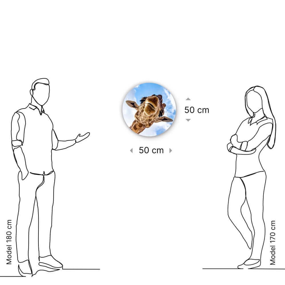 Schilderij Indrukwekkende close-up van een giraffe | Rond 50 cm glasschilderij Schilderij Indrukwekkende close-up van een giraffe | Rond 50 cm glasschilderij