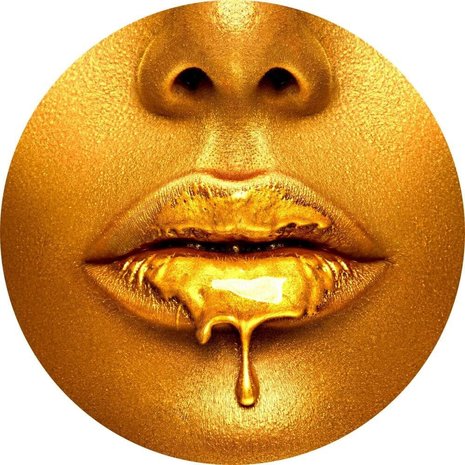 Schilderij Creatieve abstracte make-up met gouden lippen | Rond 50 cm glasschilderij Schilderij Creatieve abstracte make-up met gouden lippen | Rond 50 cm glasschilderij