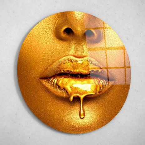 Schilderij Creatieve abstracte make-up met gouden lippen | Rond 50 cm glasschilderij Schilderij Creatieve abstracte make-up met gouden lippen | Rond 50 cm glasschilderij