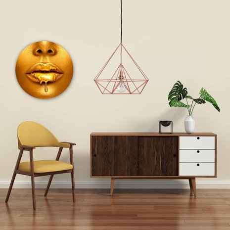 Schilderij Creatieve abstracte make-up met gouden lippen | Rond 50 cm glasschilderij Schilderij Creatieve abstracte make-up met gouden lippen | Rond 50 cm glasschilderij