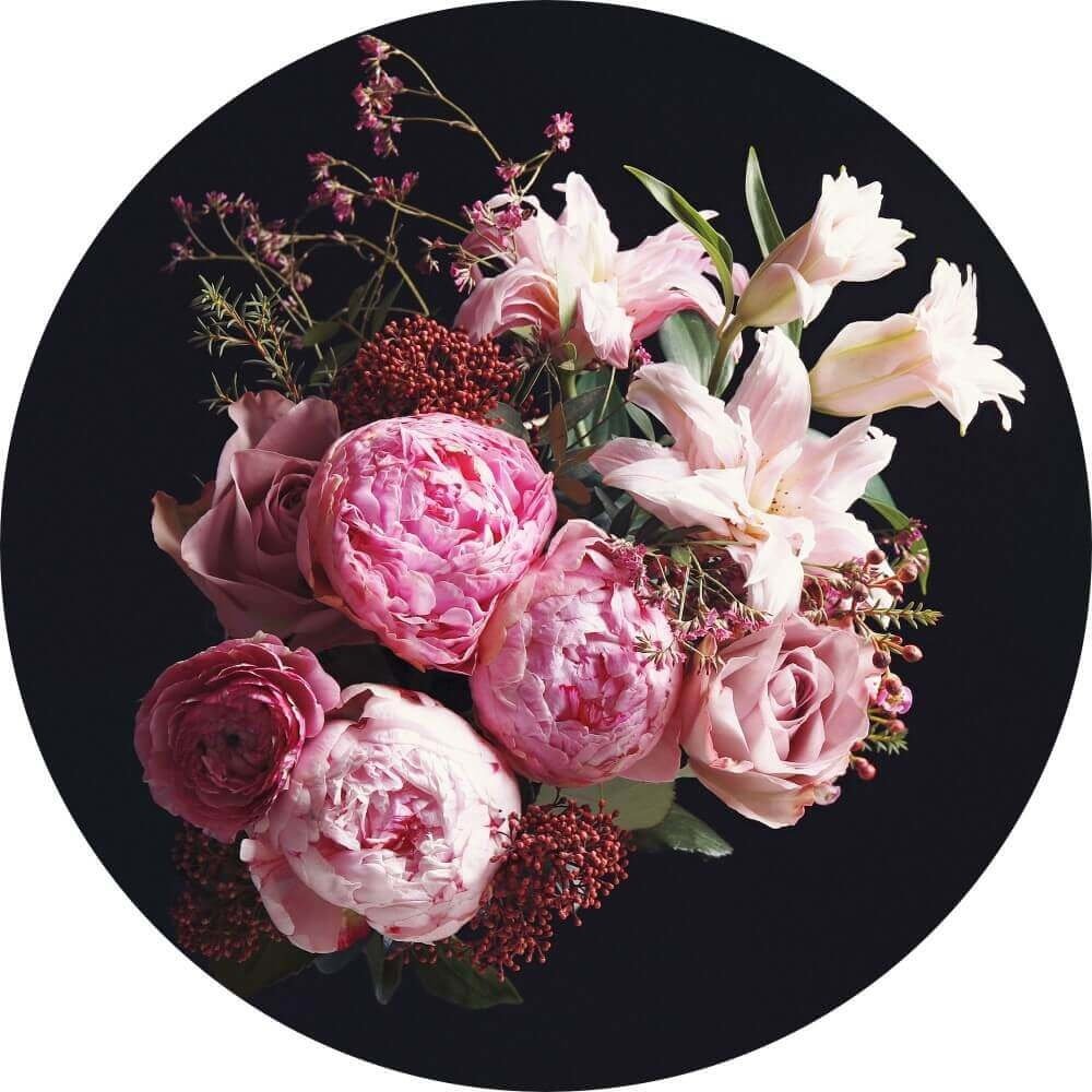 band Terug, terug, terug deel gebruiker Boeket bloemen met donker vintage effect • Rond 60 cm •  Glazenschilderijen.nl