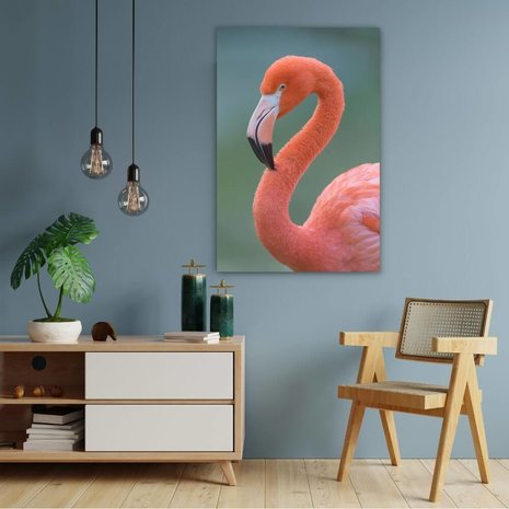 Schilderij Flamingo van dichtbij | 60 x 90 cm glasschilderij Schilderij Flamingo van dichtbij | 60 x 90 cm glasschilderij