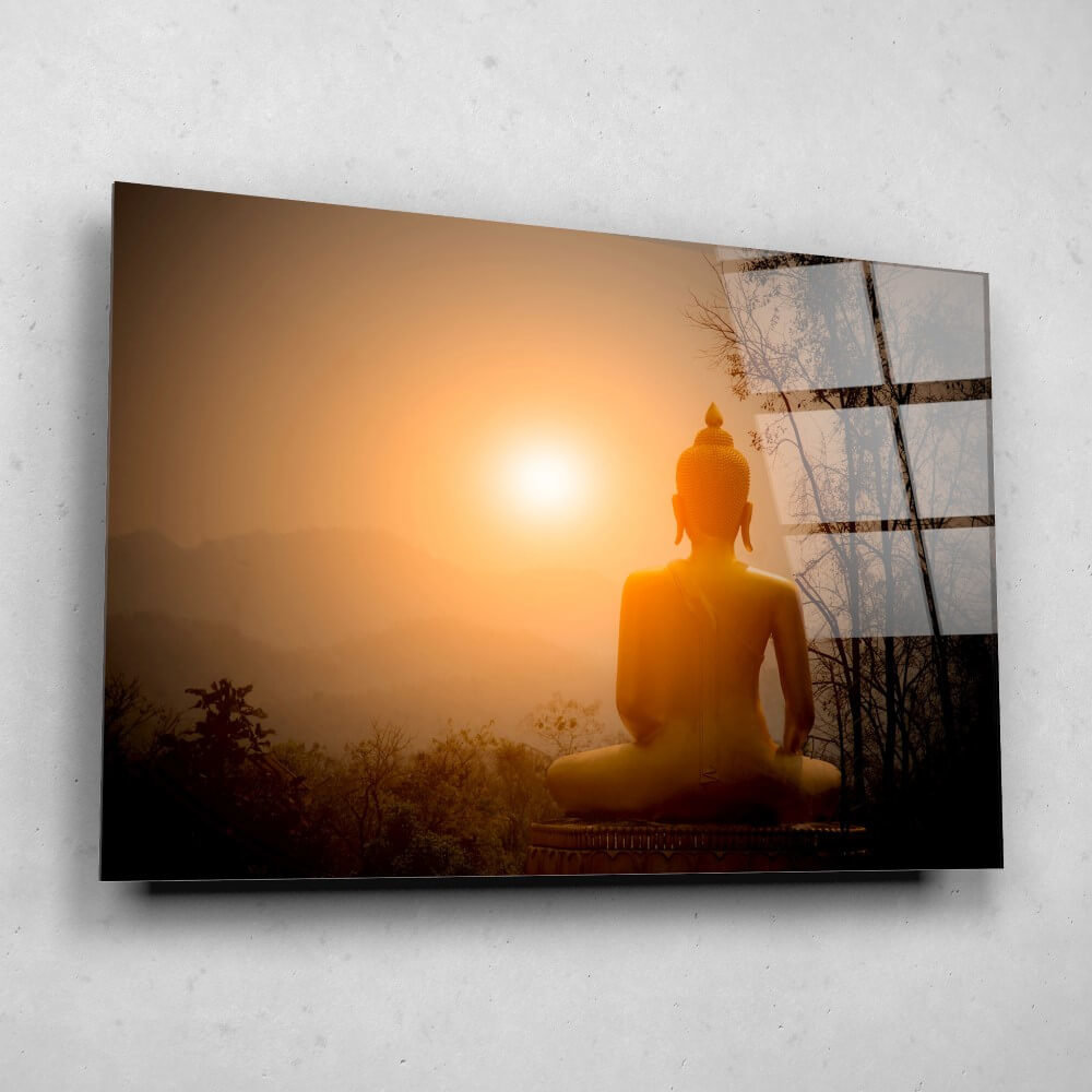 Schilderij Boeddha-beeld op de berg met zonsondergang | 90 x 60 cm glasschilderij Schilderij Boeddha-beeld op de berg met zonsondergang | 90 x 60 cm glasschilderij