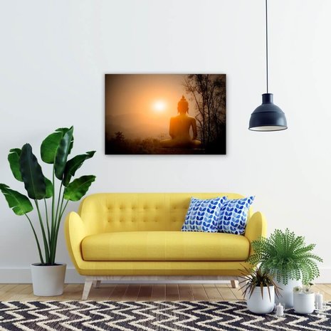 Schilderij Boeddha-beeld op de berg met zonsondergang | 90 x 60 cm glasschilderij Schilderij Boeddha-beeld op de berg met zonsondergang | 90 x 60 cm glasschilderij