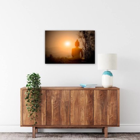 Schilderij Boeddha-beeld op de berg met zonsondergang | 90 x 60 cm glasschilderij Schilderij Boeddha-beeld op de berg met zonsondergang | 90 x 60 cm glasschilderij