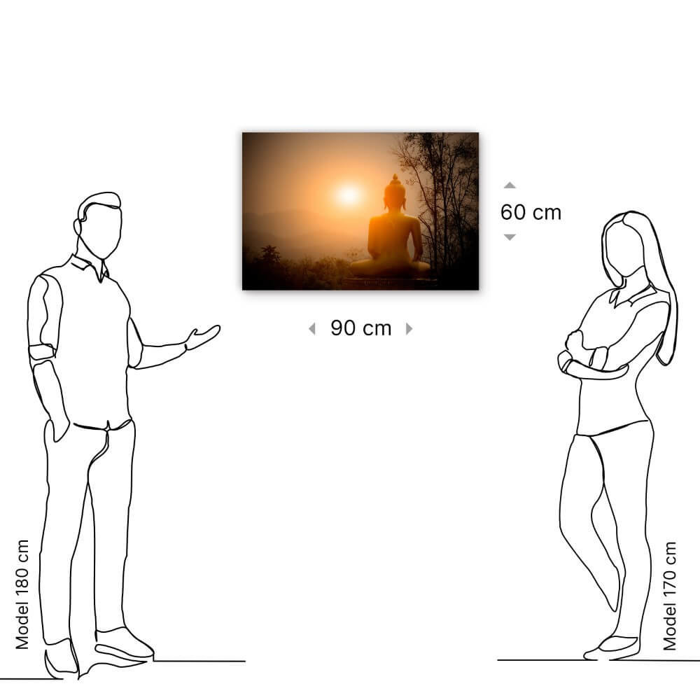 Schilderij Boeddha-beeld op de berg met zonsondergang | 90 x 60 cm glasschilderij Schilderij Boeddha-beeld op de berg met zonsondergang | 90 x 60 cm glasschilderij