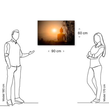 Schilderij Boeddha-beeld op de berg met zonsondergang | 90 x 60 cm glasschilderij Schilderij Boeddha-beeld op de berg met zonsondergang | 90 x 60 cm glasschilderij