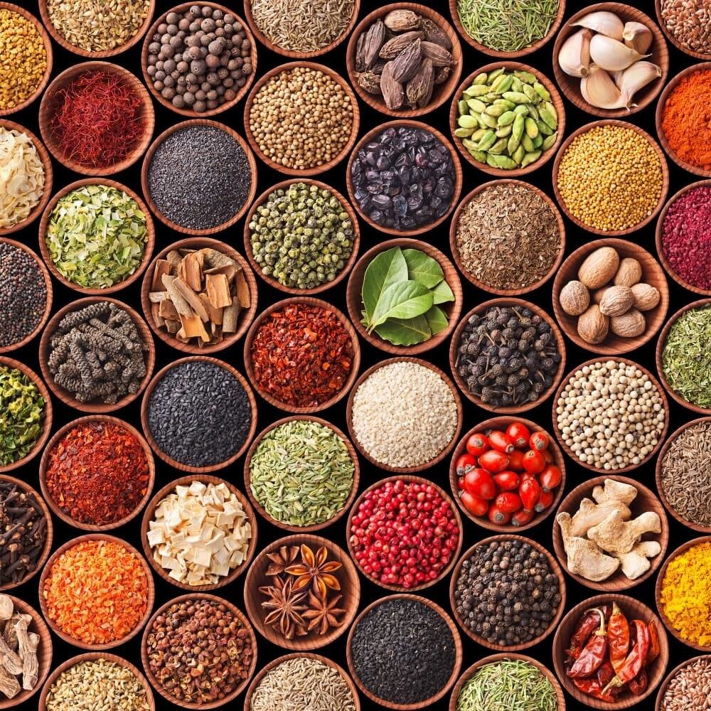 Schilderij Waaier van kruiden en specerijen | 90 x 90 cm glasschilderij Schilderij Waaier van kruiden en specerijen | 90 x 90 cm glasschilderij