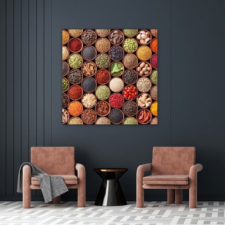 Schilderij Waaier van kruiden en specerijen | 90 x 90 cm glasschilderij Schilderij Waaier van kruiden en specerijen | 90 x 90 cm glasschilderij