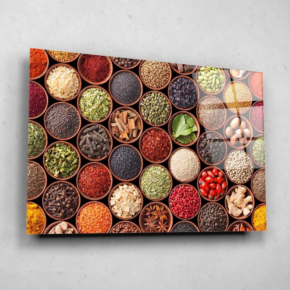 Schilderij Waaier van kruiden en specerijen | 150 x 100 cm glasschilderij Schilderij Waaier van kruiden en specerijen | 150 x 100 cm glasschilderij