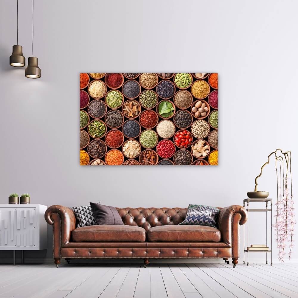 Schilderij Waaier van kruiden en specerijen | 150 x 100 cm glasschilderij Schilderij Waaier van kruiden en specerijen | 150 x 100 cm glasschilderij