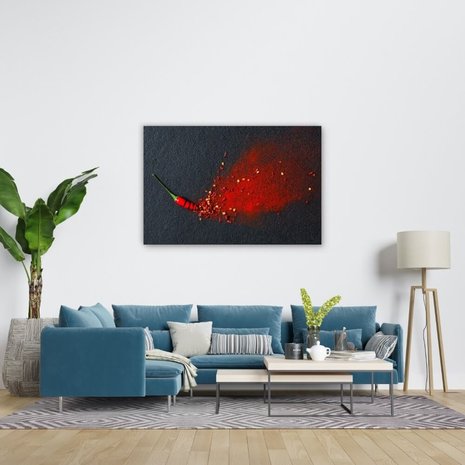 Schilderij Spaanse peper met chilipoeder | 120 x 80 cm glasschilderij Schilderij Spaanse peper met chilipoeder | 120 x 80 cm glasschilderij