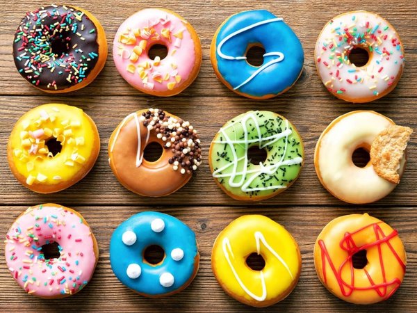 Schilderij Collectie van kleurrijke donuts | 80 x 60 cm glasschilderij Schilderij Collectie van kleurrijke donuts | 80 x 60 cm glasschilderij