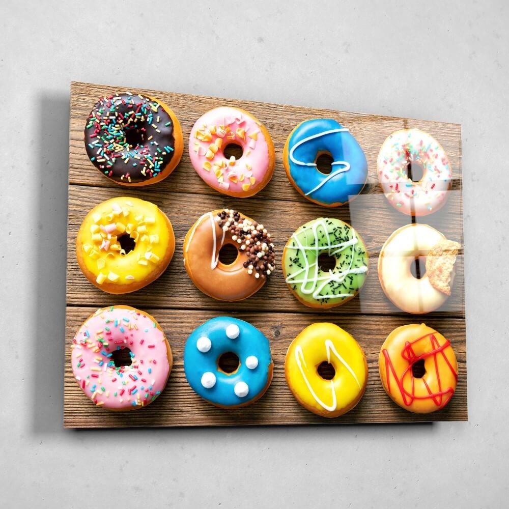 Schilderij Collectie van kleurrijke donuts | 80 x 60 cm glasschilderij Schilderij Collectie van kleurrijke donuts | 80 x 60 cm glasschilderij