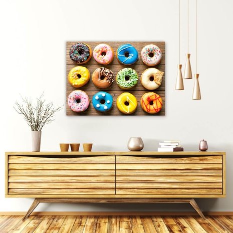 Schilderij Collectie van kleurrijke donuts | 80 x 60 cm glasschilderij Schilderij Collectie van kleurrijke donuts | 80 x 60 cm glasschilderij