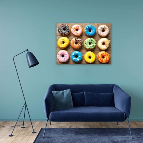 Schilderij Collectie van kleurrijke donuts | 80 x 60 cm glasschilderij Schilderij Collectie van kleurrijke donuts | 80 x 60 cm glasschilderij