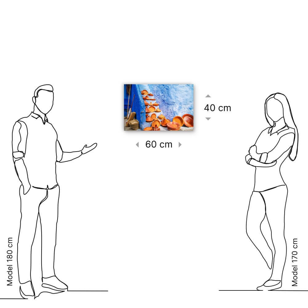 Schilderij Decoratieve tajines op een markt in Chefchaouen | 60 x 40 cm glasschilderij Schilderij Decoratieve tajines op een markt in Chefchaouen | 60 x 40 cm glasschilderij