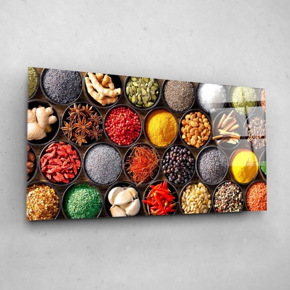 Schilderij Verschillende kruiden en specerijen kleurrijk bij elkaar | 80 x 40 cm glasschilderij Schilderij Verschillende kruiden en specerijen kleurrijk bij elkaar | 80 x 40 cm glasschilderij