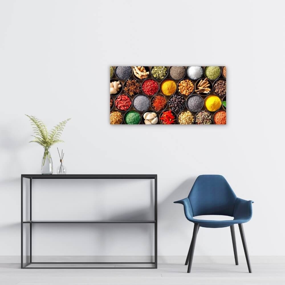 Schilderij Verschillende kruiden en specerijen kleurrijk bij elkaar | 80 x 40 cm glasschilderij Schilderij Verschillende kruiden en specerijen kleurrijk bij elkaar | 80 x 40 cm glasschilderij