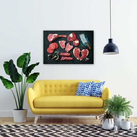 Schilderij Verscheidenheid aan rauwe stukken vlees | 90 x 60 cm glasschilderij Schilderij Verscheidenheid aan rauwe stukken vlees | 90 x 60 cm glasschilderij