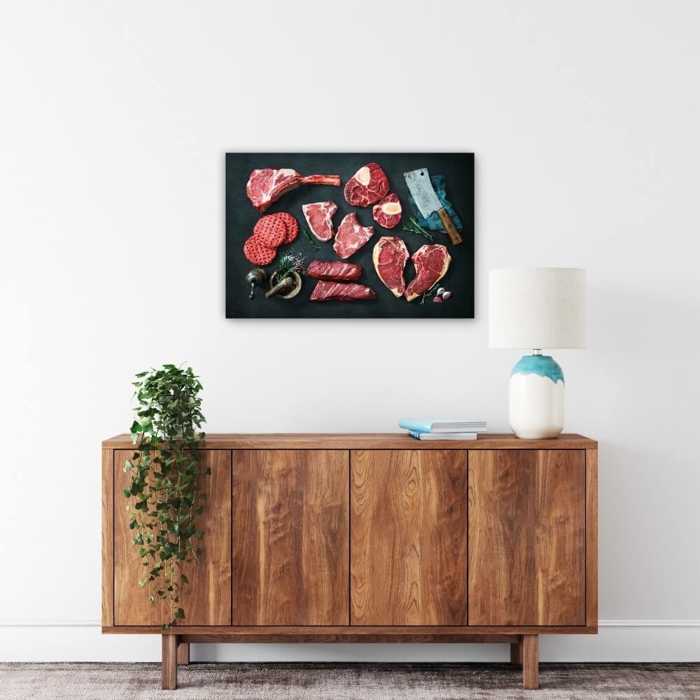 Schilderij Verscheidenheid aan rauwe stukken vlees | 90 x 60 cm glasschilderij Schilderij Verscheidenheid aan rauwe stukken vlees | 90 x 60 cm glasschilderij