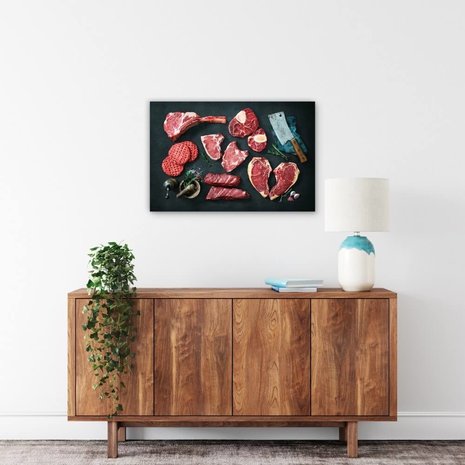 Schilderij Verscheidenheid aan rauwe stukken vlees | 90 x 60 cm glasschilderij Schilderij Verscheidenheid aan rauwe stukken vlees | 90 x 60 cm glasschilderij