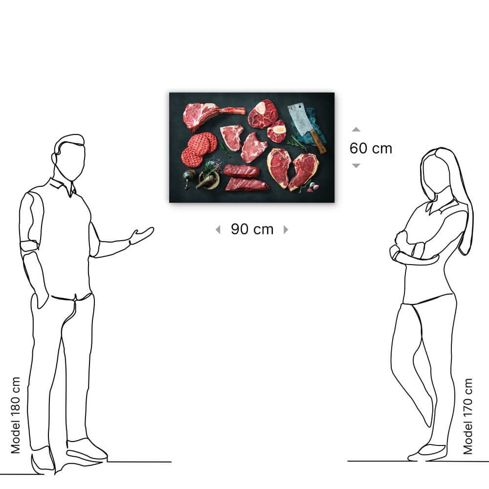 Schilderij Verscheidenheid aan rauwe stukken vlees | 90 x 60 cm glasschilderij Schilderij Verscheidenheid aan rauwe stukken vlees | 90 x 60 cm glasschilderij