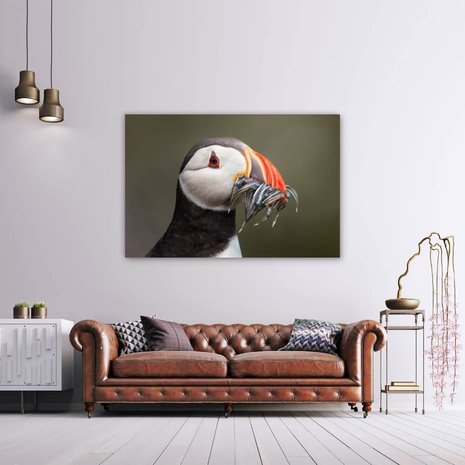 Trotse papegaaiduiker met een volle snavel • 150 x 100 cm Glazenschilderijen.nl