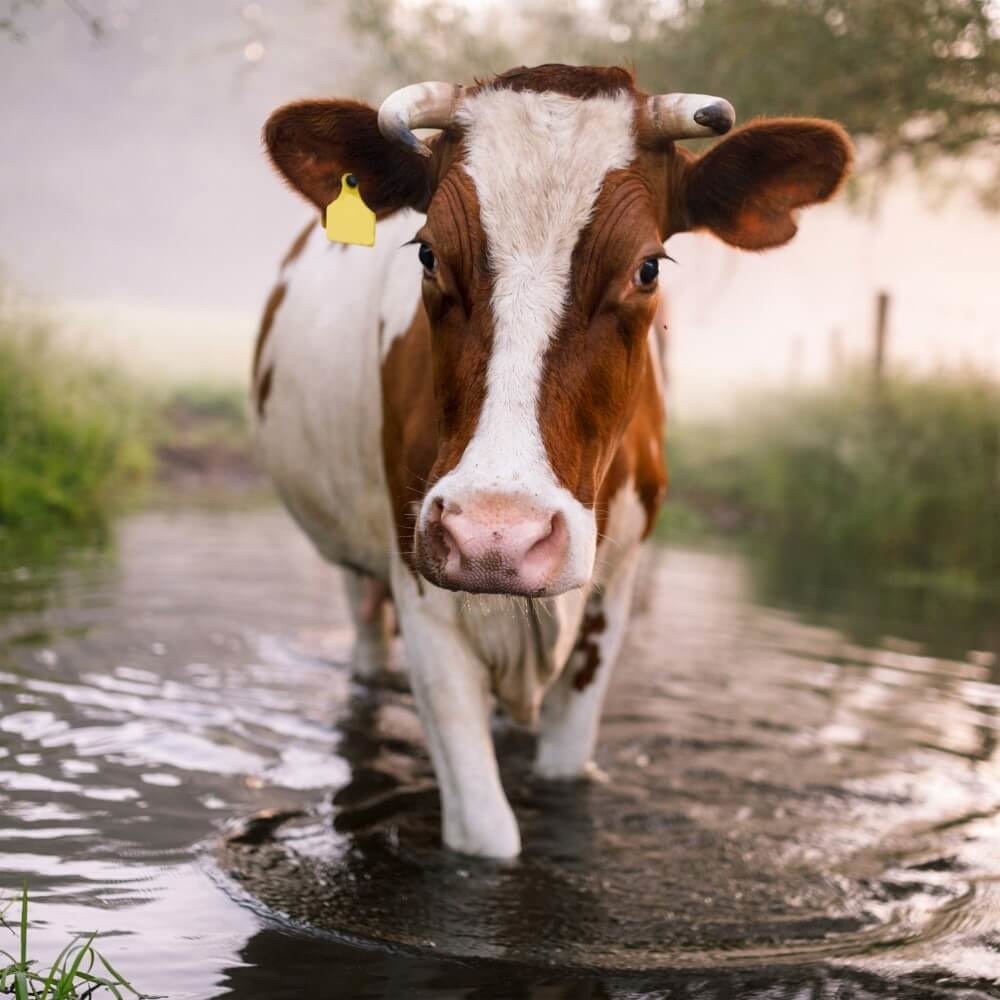 Bruin-witte koe in het water Bruin-witte koe in het water