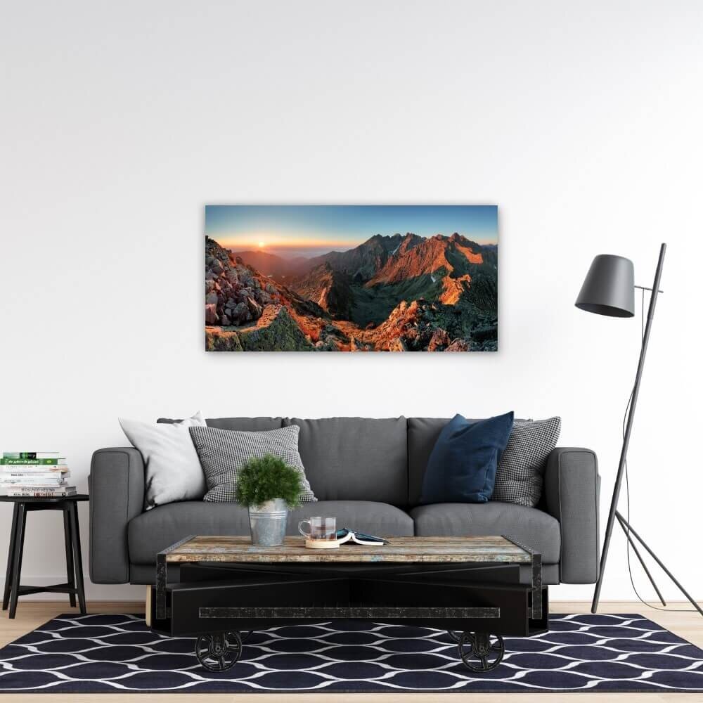 Schilderij Opkomende zon in de bergen | 110 x 55 cm glasschilderij Schilderij Opkomende zon in de bergen | 110 x 55 cm glasschilderij