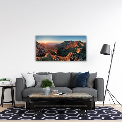 Schilderij Opkomende zon in de bergen | 110 x 55 cm glasschilderij Schilderij Opkomende zon in de bergen | 110 x 55 cm glasschilderij